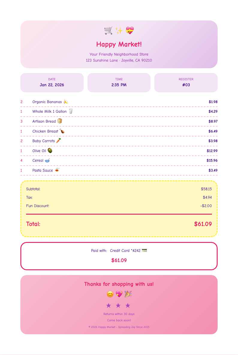 Fun colorful receipt